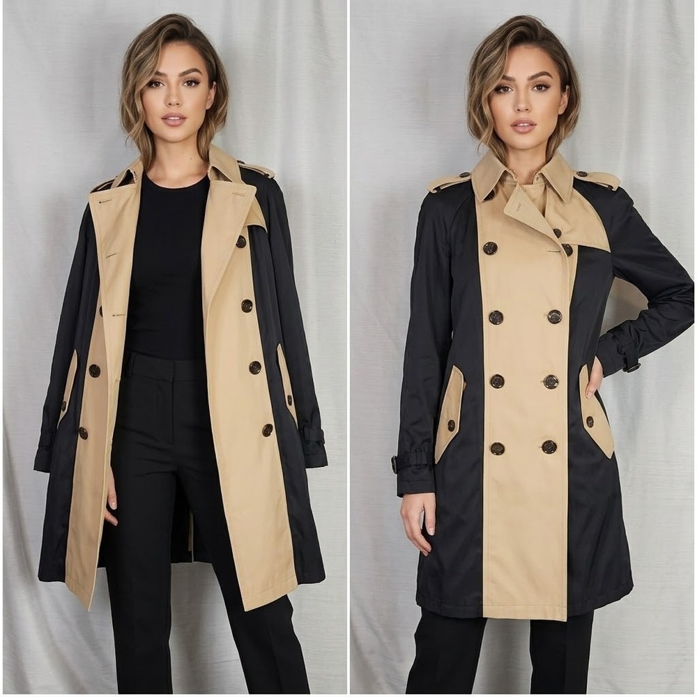 COACH Satin Combo Trench Coat Small Black Khaki Two Tone Double Breasted $595